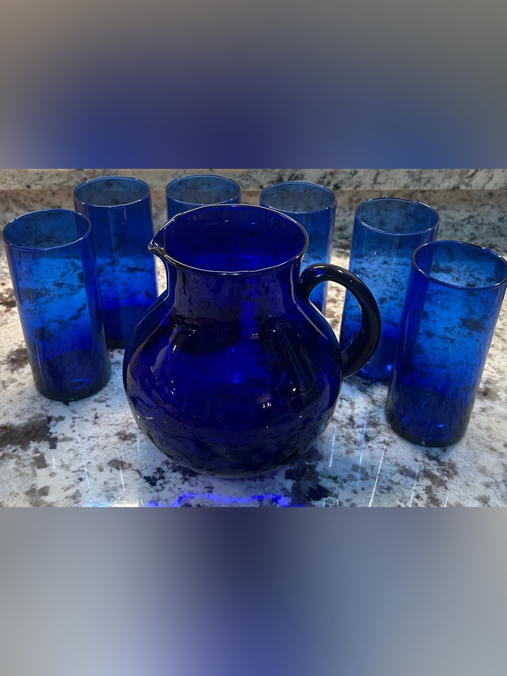 Vintage Cobalt Blue Handblown Glass Pitcher & 6 Tumblers Complete Set